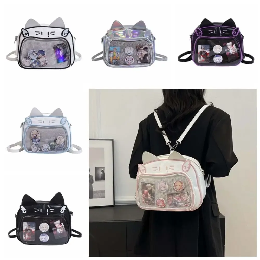 sac à fermeture éclair mignon, itabag chat kawaii, sac en coton pu, poche transparente, sac pour petits objets, sac de rangement pour badges, sacs à dos tendance pour filles