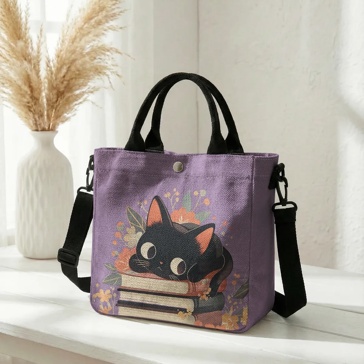 sac fourre-tout à imprimé floral avec chat noir mignon empilé sur des livres, sac à bandoulière détachable pour femme, idéal pour le shopping quotidien