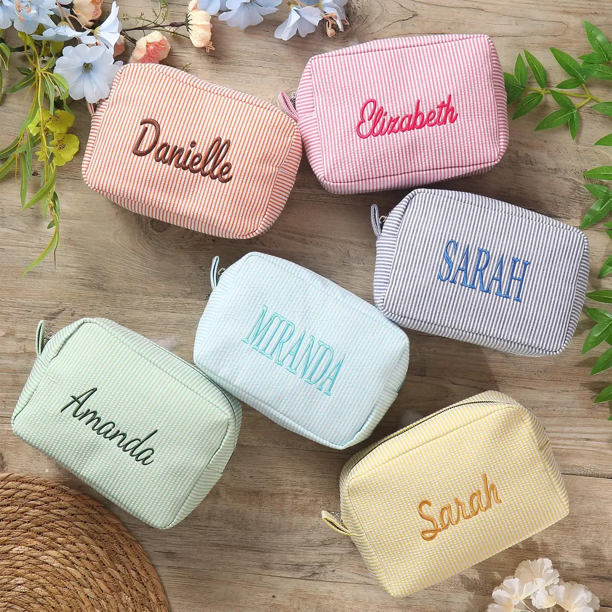 pochette de maquillage rayée personnalisée, broderie de nom personnalisée, pochette cosmétique, organiseur de toilette de voyage, cadeau pour femmes, filles, demoiselles d'honneur