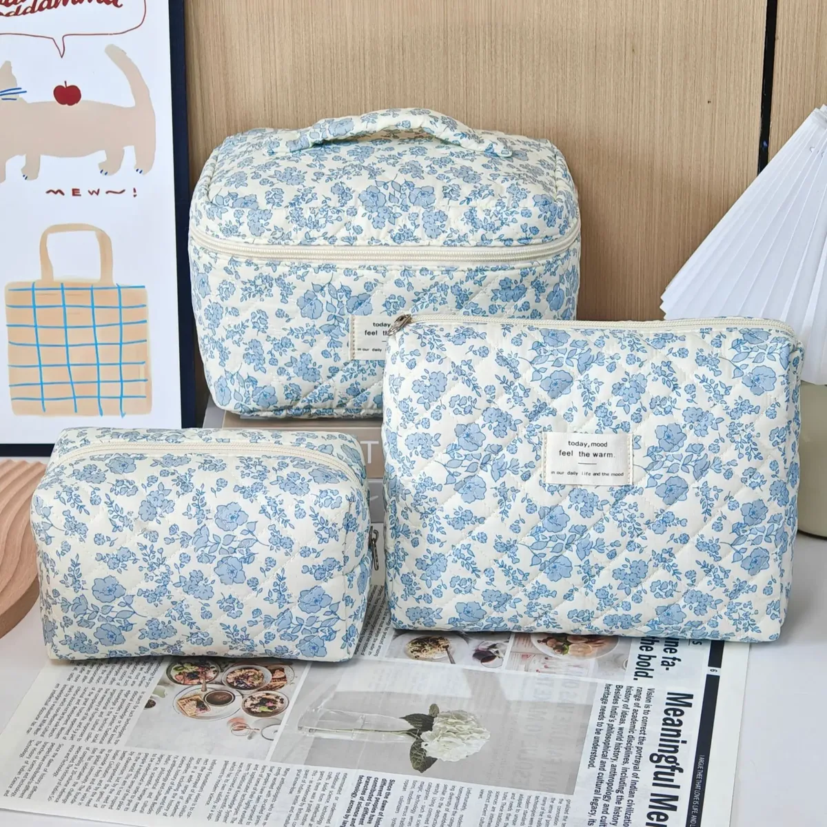 trousse de maquillage à imprimé floral de grande capacité, sac de rangement de cosmétiques de voyage portable, sac de style urbain simple avec doublure en polyester pour femmes
