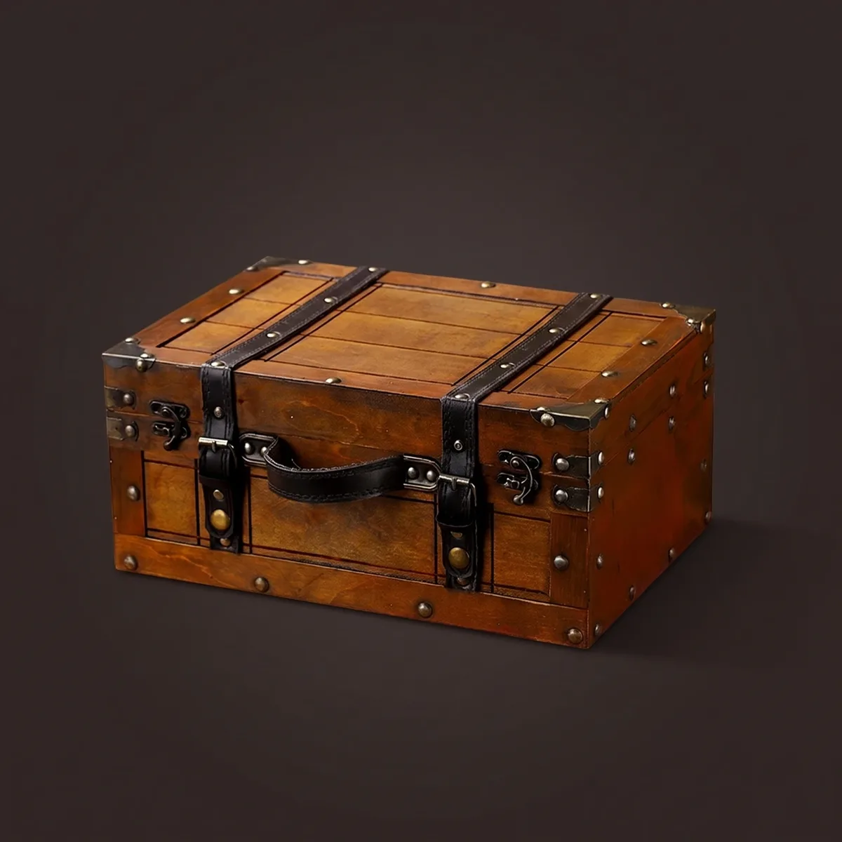 organisateur voyage bois brun foncé vintage couvercle charnières accessoires transport bureau photo décoration présentation thématique