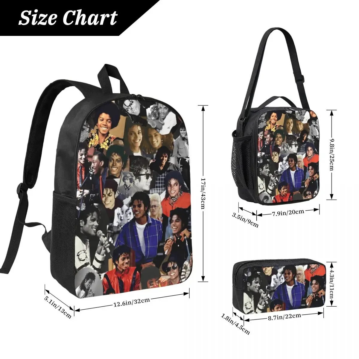 sac à dos mj pop rock 3 pièces/ensemble pour étudiant, sac à déjeuner, trousse à crayons