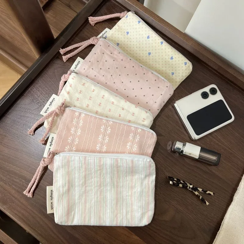 pochette de maquillage rayée rose pour femme, mini portefeuille mignon, sac de rangement pour cosmétiques et rouges à lèvres, porte-monnaie