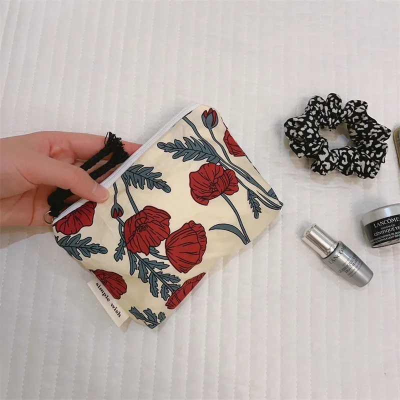 porte-monnaie en coton imprimé floral frais d'été, mini sac de rangement en tissu, petit sac pour écouteurs, pochette de voyage pour cosmétiques, sac de rangement pour maquillage