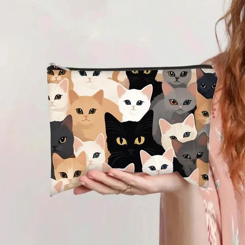 trousse de maquillage rétro chat, pochette de rangement de cosmétiques en toile de grande capacité, trousse de toilette portative avec fermeture éclair pour organisateur personnel