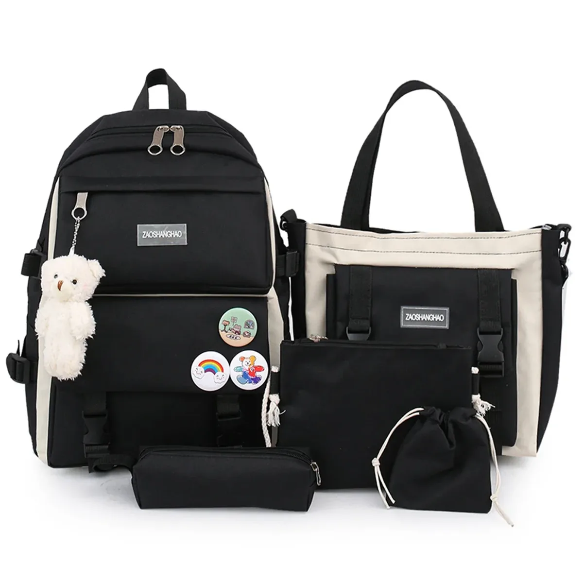 kit de 5 pièces : sac à dos tendance pour femme, grande capacité, imperméable, idéal pour l'université, sac d'école pour ordinateur portable, sac de voyage mignon pour fille.