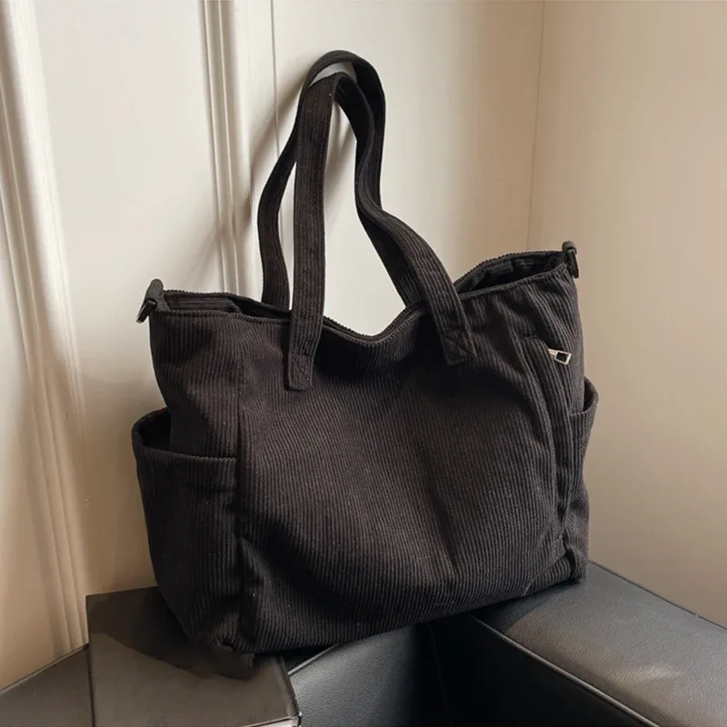 sac à main en velours côtelé pour femmes, fourre-tout décontracté, multi-poches, sangle réglable, sac à bandoulière, fermeture éclair initiée, automne, hiver