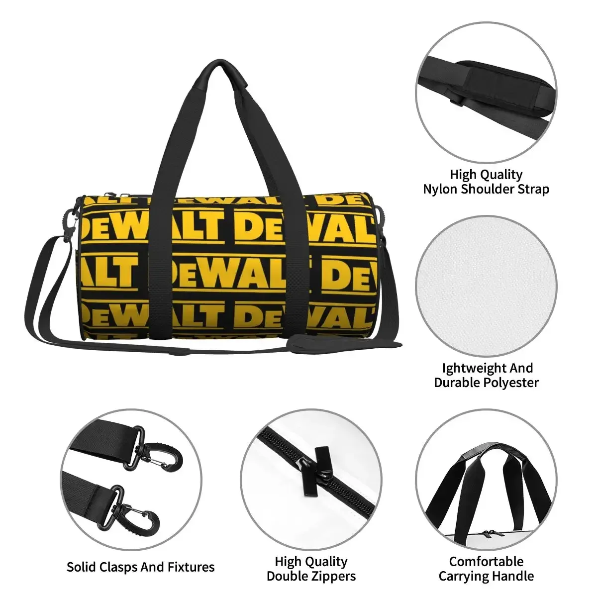 sac voyage polychonne polyester noir motif dewalt poignée amovible bandoulière ajustable grande capacite sport week end