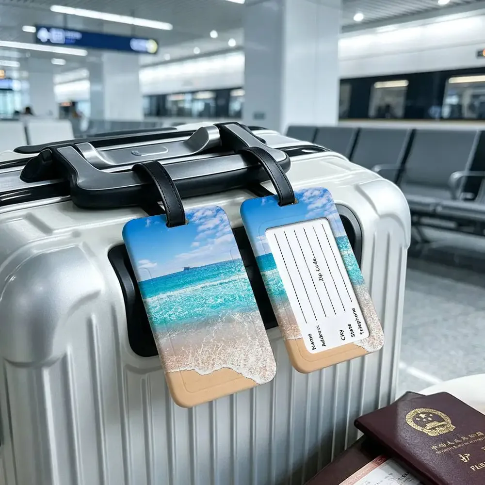 étiquette de bagage en pvc avec carte d'informations, motif mer, océan, bateau, art mural, étiquette anti-perte pour valise, sac à dos, accessoire de voyage