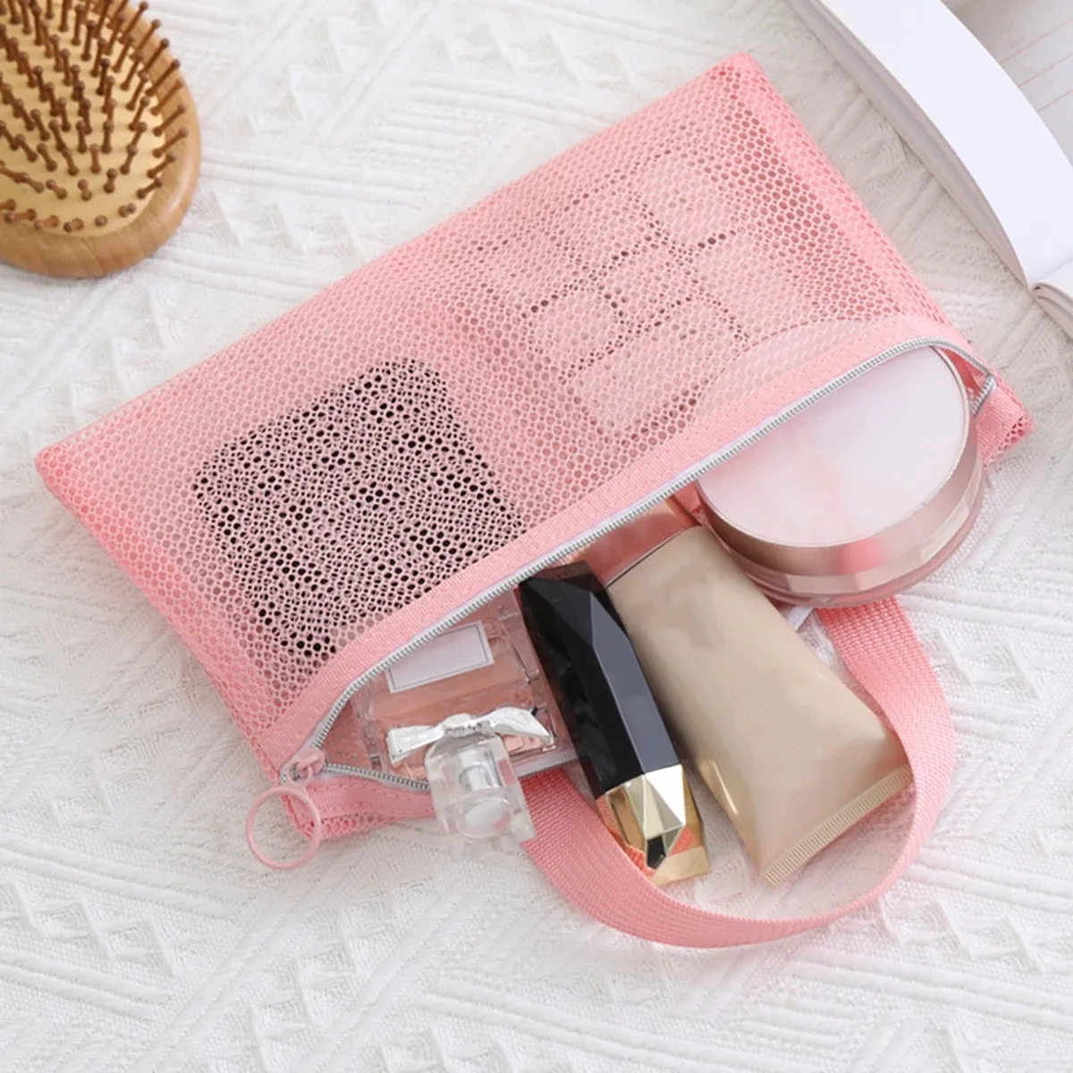 mini trousse de maquillage rose en maille multi-poches, sac de natation, sac de rangement de voyage portable, sac de bain portable, sac de plage, lot de 1