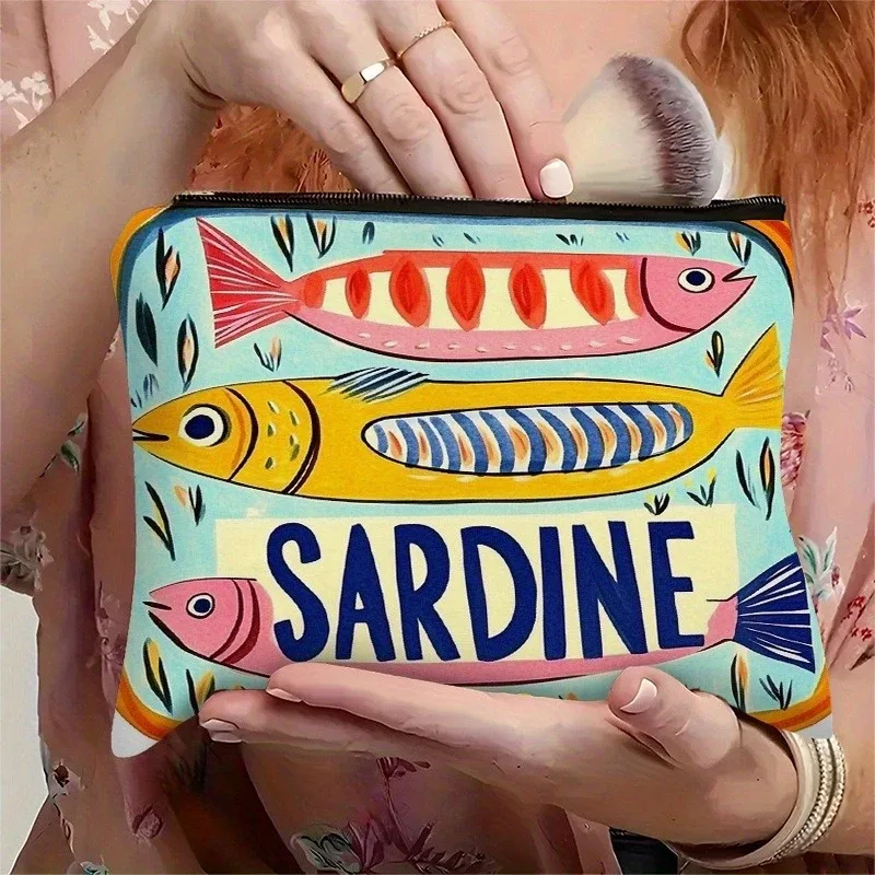 sac de maquillage à motif de sardines ludiques, pochette de rangement de cosmétiques de voyage légère avec fermeture à glissière, design chic décontracté unisexe
