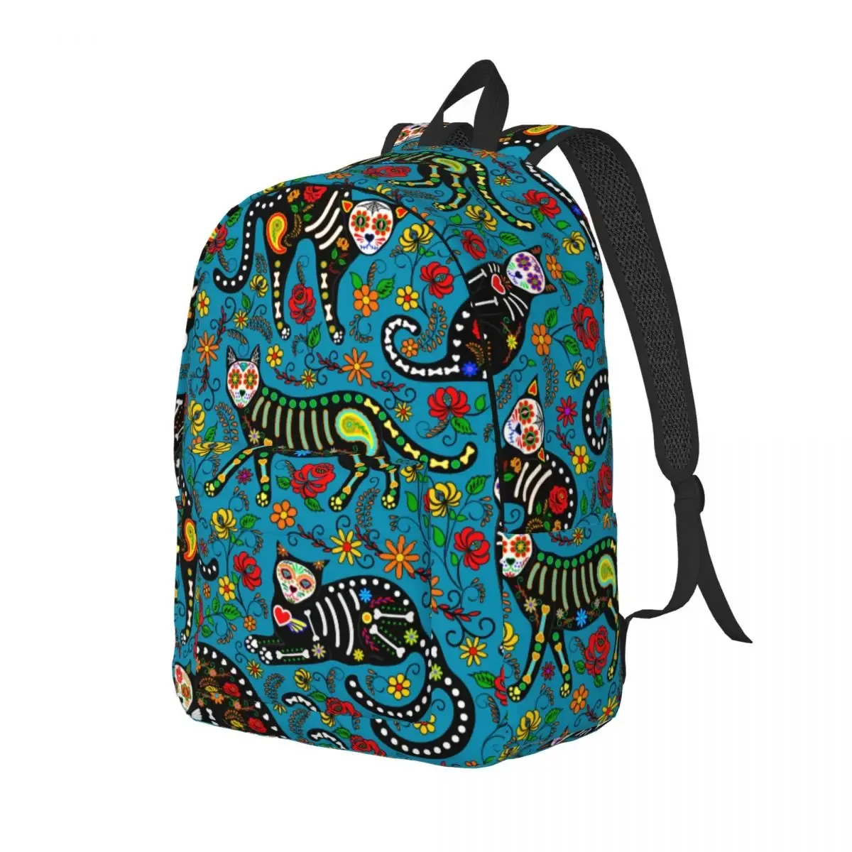 sac à dos d'école de grande capacité pour hommes et femmes, sac à dos étudiant, calavera, crâne de sucre, chats noirs, le jour de la fréquence