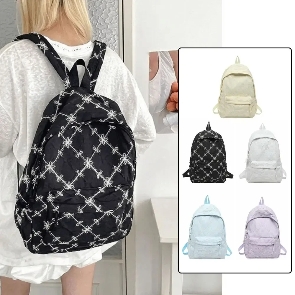 sac à dos mignon et élégant avec nœud, minimaliste, en nylon uni, multi-poches, léger, idéal pour les étudiants et l'école au quotidien.