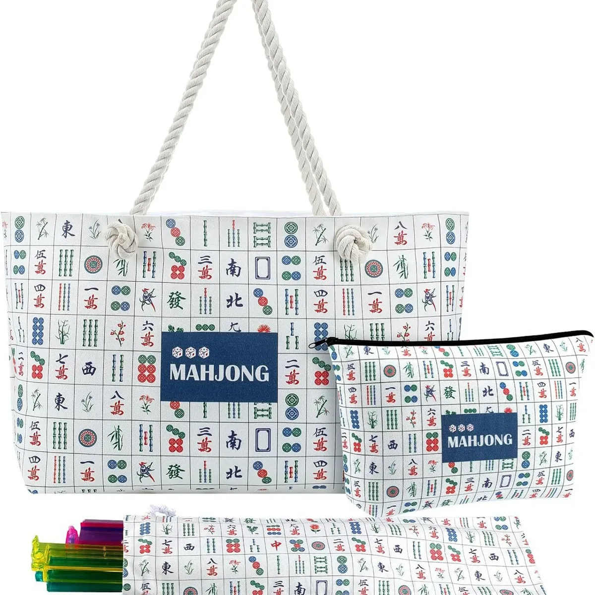 sacs de rangement pour tuiles de mahjong imprimées bleues, ensemble de sacs fourre-tout de 24x13x4,7 pouces, grands avec poignées pour les voyages, le transport quotidien, cadeau pour les amateurs de jeux de société