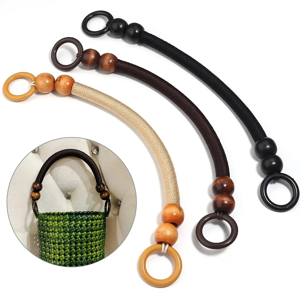 poignées de sac en bois perlé couleur unie 33/37 cm, sangle de sac tressée en corde de nylon pour sac à bandoulière, sacs à main, poignées de remplacement diy
