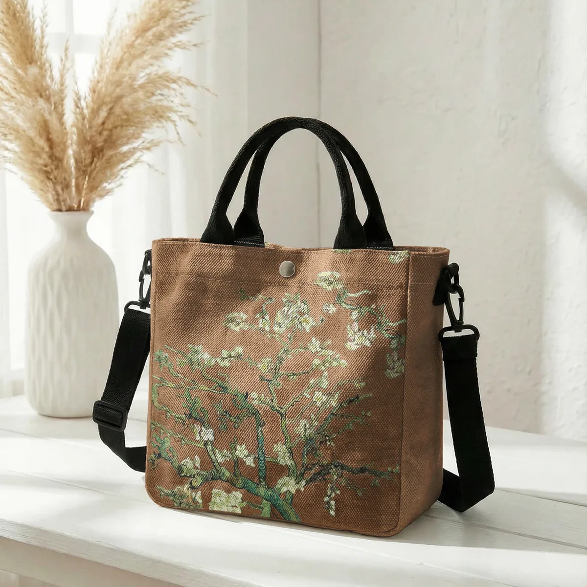 sac fourre-tout en toile avec peinture à l'huile van gogh almond blossom, bandoulière amovible, sac à main pour femme, pour les courses quotidiennes
