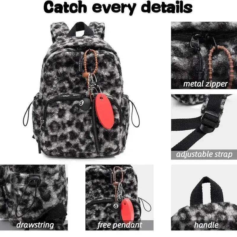 sac à dos en peluche, accessoires mignons, imprimé léopard, sacs à livres décontractés avec pendentif, petits sacs de jour de voyage, sac à bandoulière élégant multiple