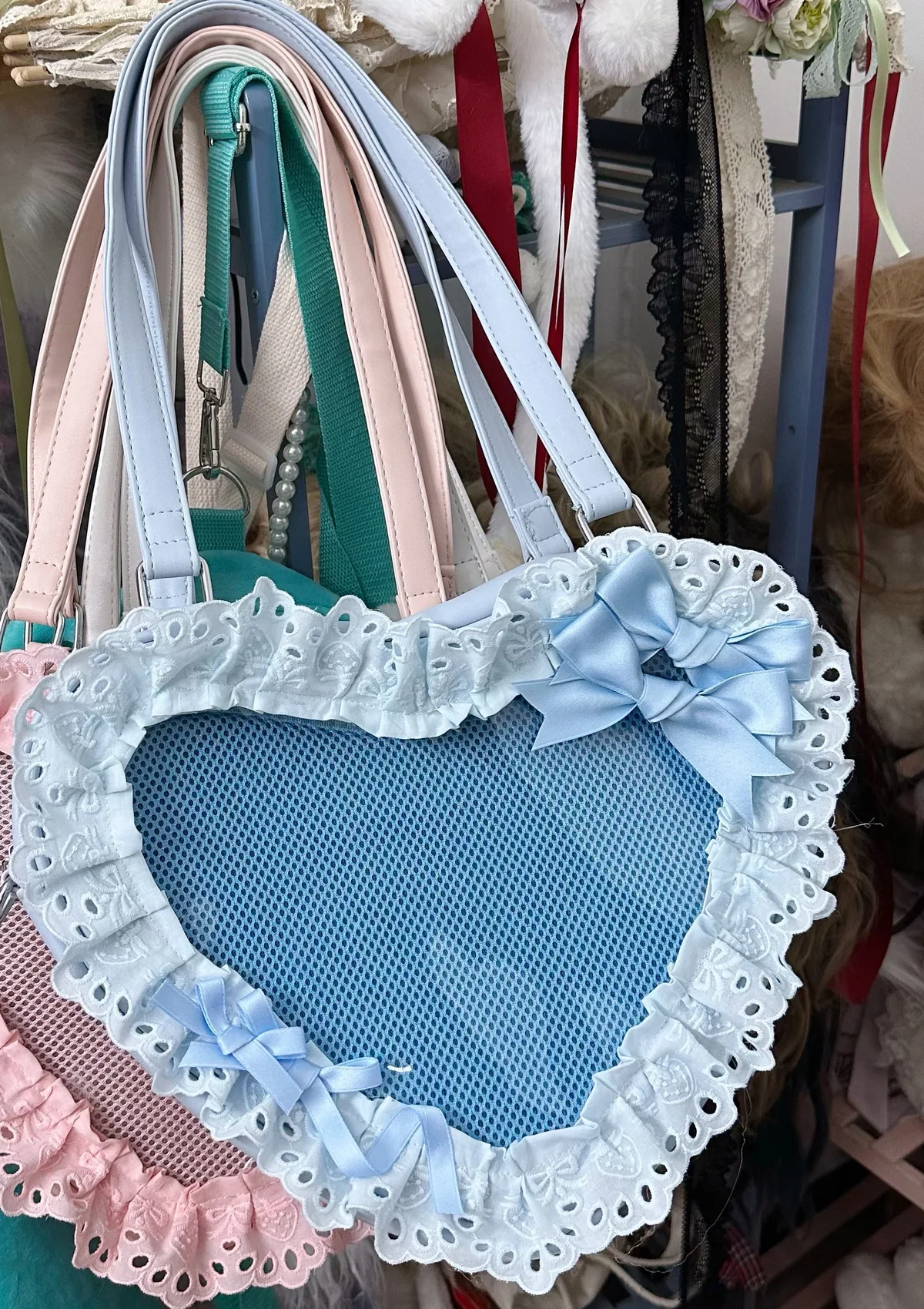 lolita fait à la main amour coeur dentelle fleur mignon sac à bandoulière douce fille étudiants arc fourre-tout sacs à main