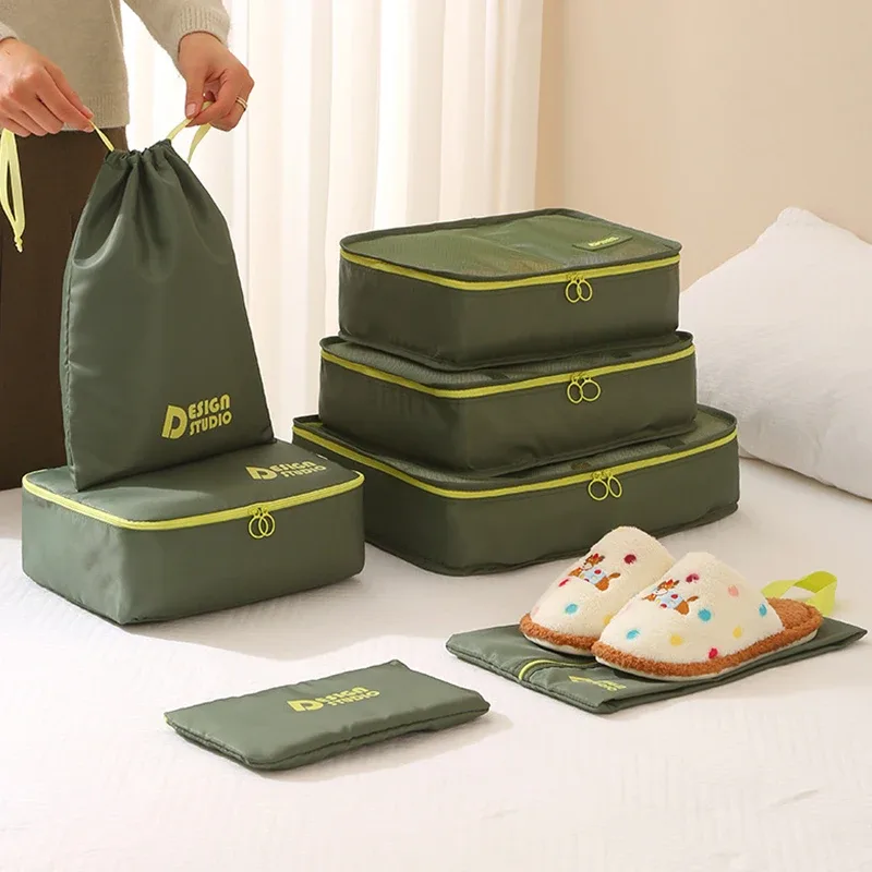 organisateur voyage polyester vert olive jaune accents motif bande poignée résistant tissu épais multifonctionnel sac compression chaussures housse vetements