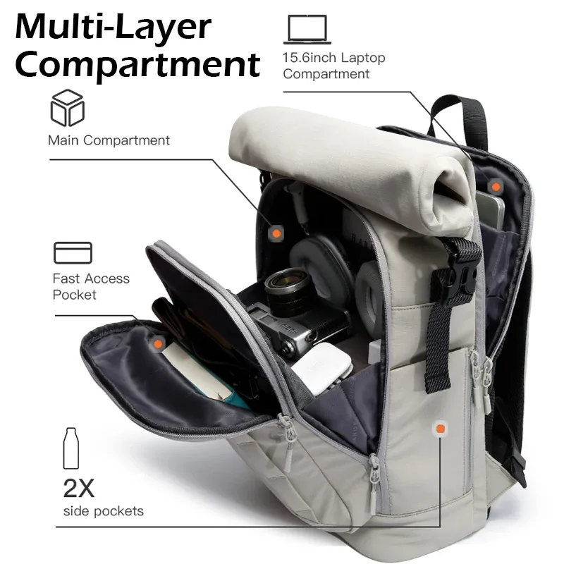 sac dos nylon gris clair décontracté poignée souple bandoulière arquée fermeture éclair expandable ultra léger informatique voyage urbain école sac quotidien