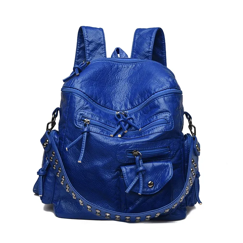 sac dos cuir matière similaire noir bleu gris marron poches multiples rivets dorés décontracté imperméable voyage école collège