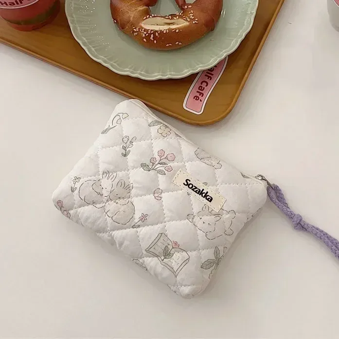 sac de maquillage en coton doux à motif floral, fermeture éclair, rangement pour rouge à lèvres, nœuds, sac cosmétique, trousse de toilette, pochette multifonctionnelle, porte-monnaie