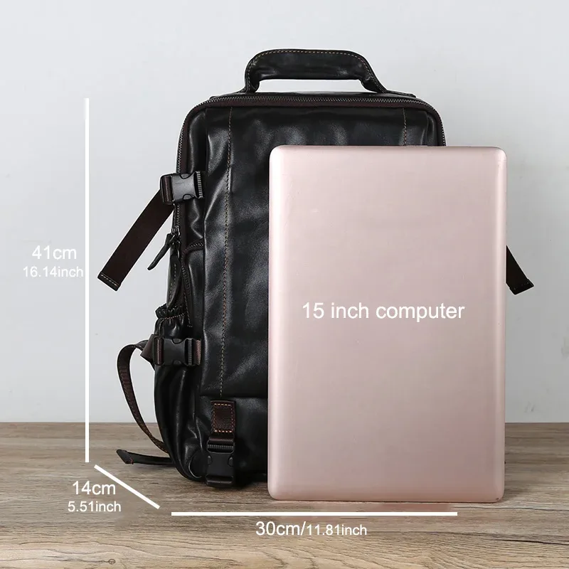 sac à dos vintage en cuir de vachette pour homme, grande capacité, avec fermeture éclair et boucle, sacoche décontractée en cuir pour ordinateur portable 15 pouces
