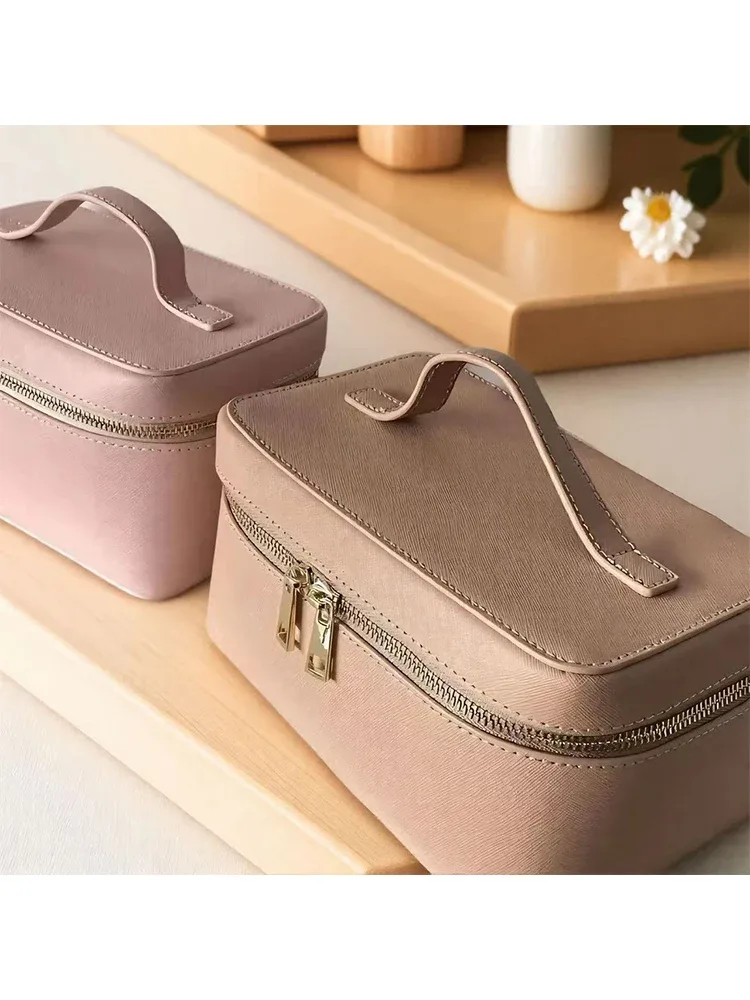 saffiano – trousse de toilette de voyage en croûte de cuir pour femmes, trousse de toilette de voyage personnalisée, boîte de rangement de maquillage suspendue portable, kit dopp, sac à cosmétiques