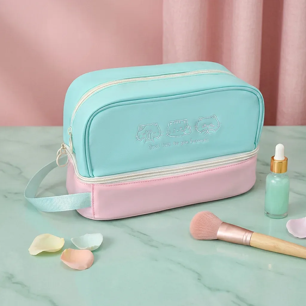 trousse de maquillage imperméable grande capacité double couche avec broderie chat pour voyage, articles de toilette, cadeau pour dortoir