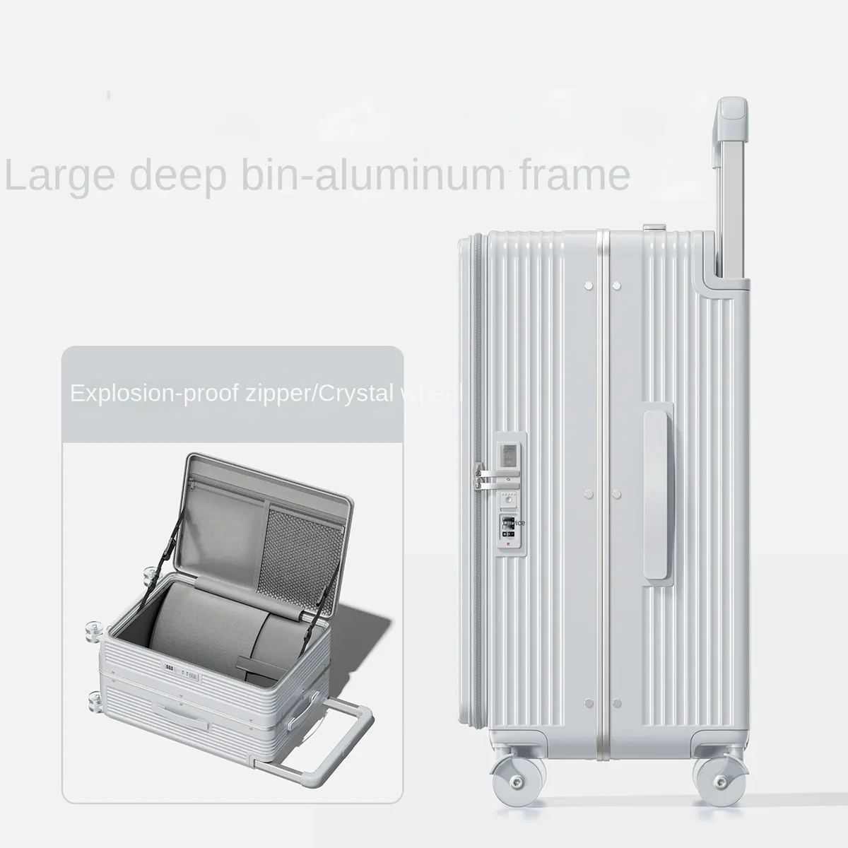nouvelle valise de voyage 2026 avec cadre en aluminium et poignée large, extensible par fermeture éclair, tailles 20-28 pouces, pour grandes entrepôts (1:9)