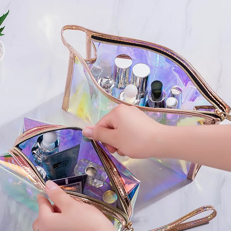 trousse de maquillage transparente en tpu pour femme, trousse cosmétique holographique colorée, trousse de maquillage transparente, trousse de voyage, évaluateurs de beauté, 1 pc