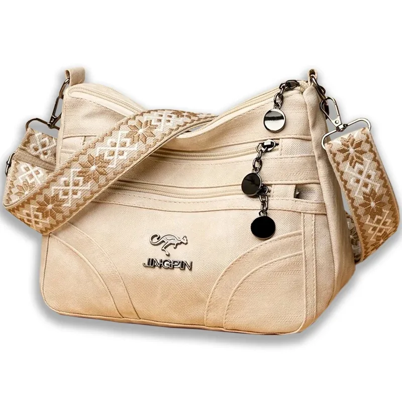 sac à bandoulière vintage gris en toile pour femme, sac messager multi-poches avec sangle à motifs, sac hobo décontracté pour le quotidien