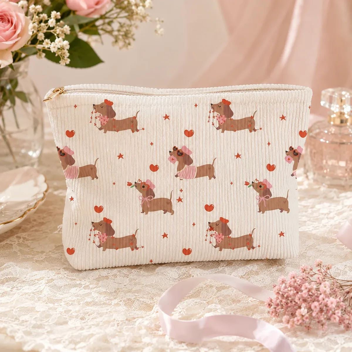 sac à cosmétiques en velours côtelé pour femmes et filles, grande pochette à fermeture éclair pour maquillage, organisateur de toilette de voyage, trousse à crayons