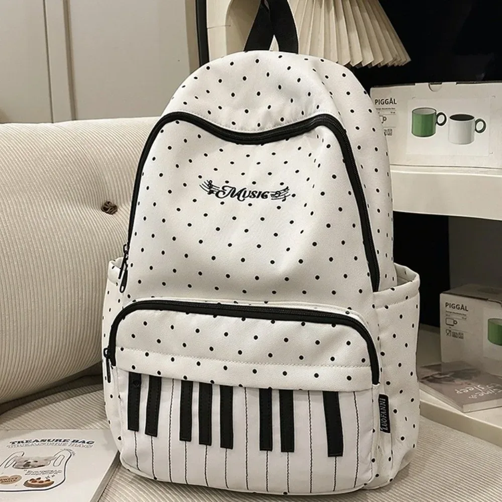 sac à dos en nylon à pois imprimé, color-block, mignon, grande capacité, style preppy, durable, motif touches de piano, pour l'école et les voyages