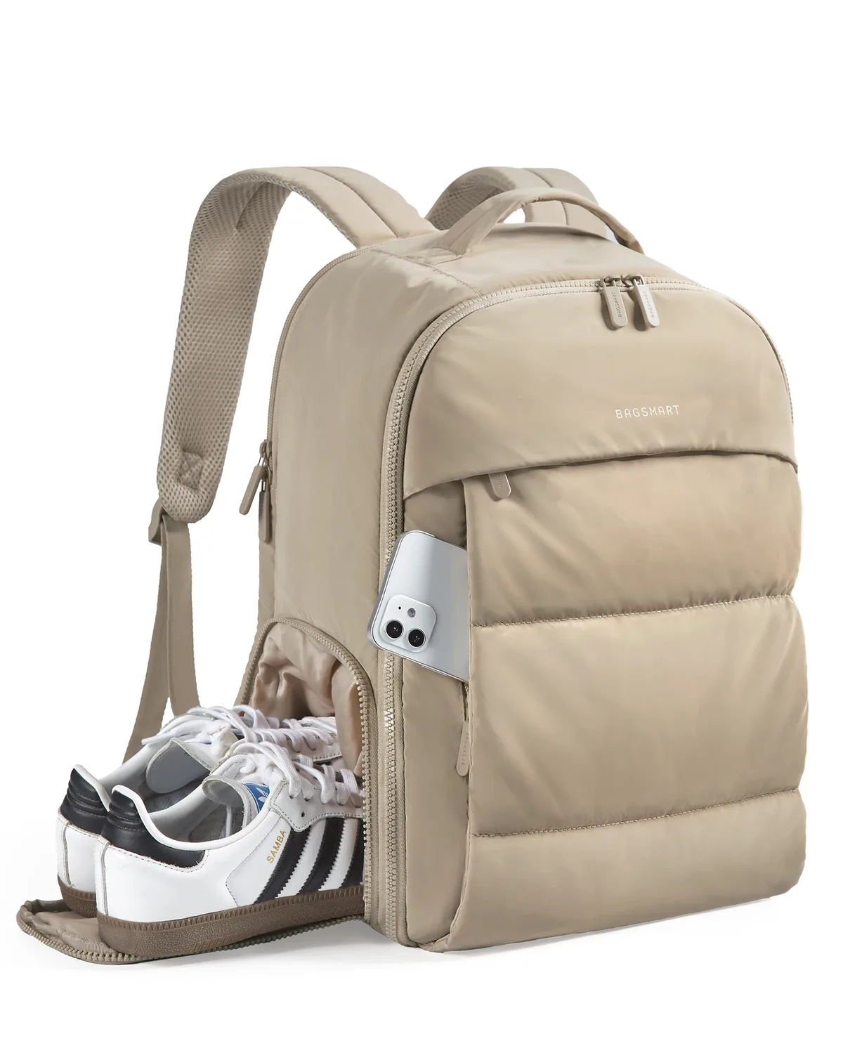 sac dos beige pvc décontracté compartiments chaussures bijoux grande capacité résistant eau week end affaires commute