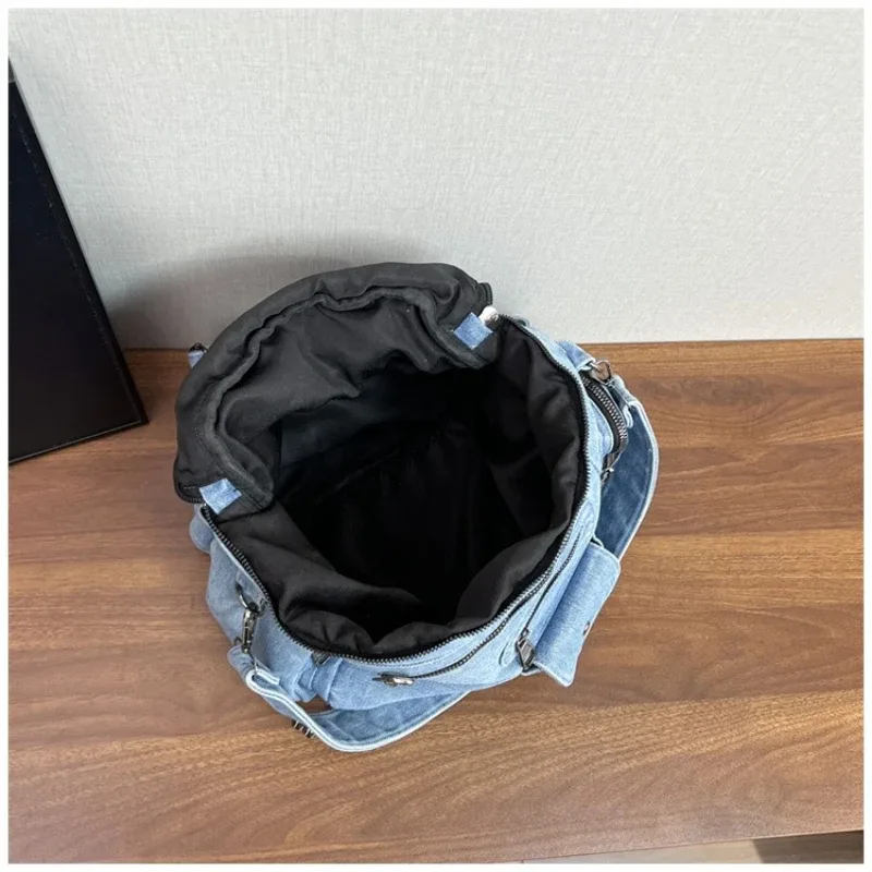 nouveau sac à dos en jean vintage 2026, sac moto multi-poches pour femme, sac à bandoulière au design original, sac d'école décontracté, sac à dos de voyage