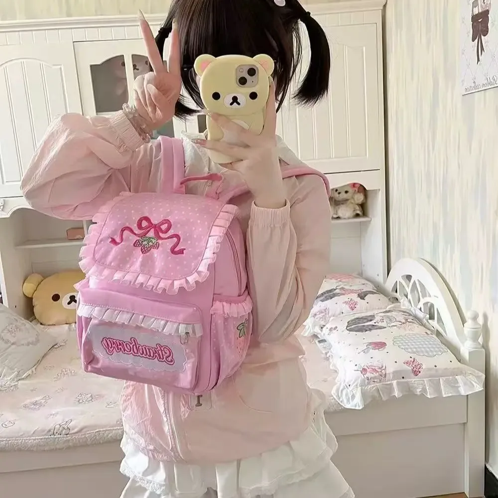 sac dos nylon rose motif fruits fraises broderie dentelle patchwork usage école décontracté femmes