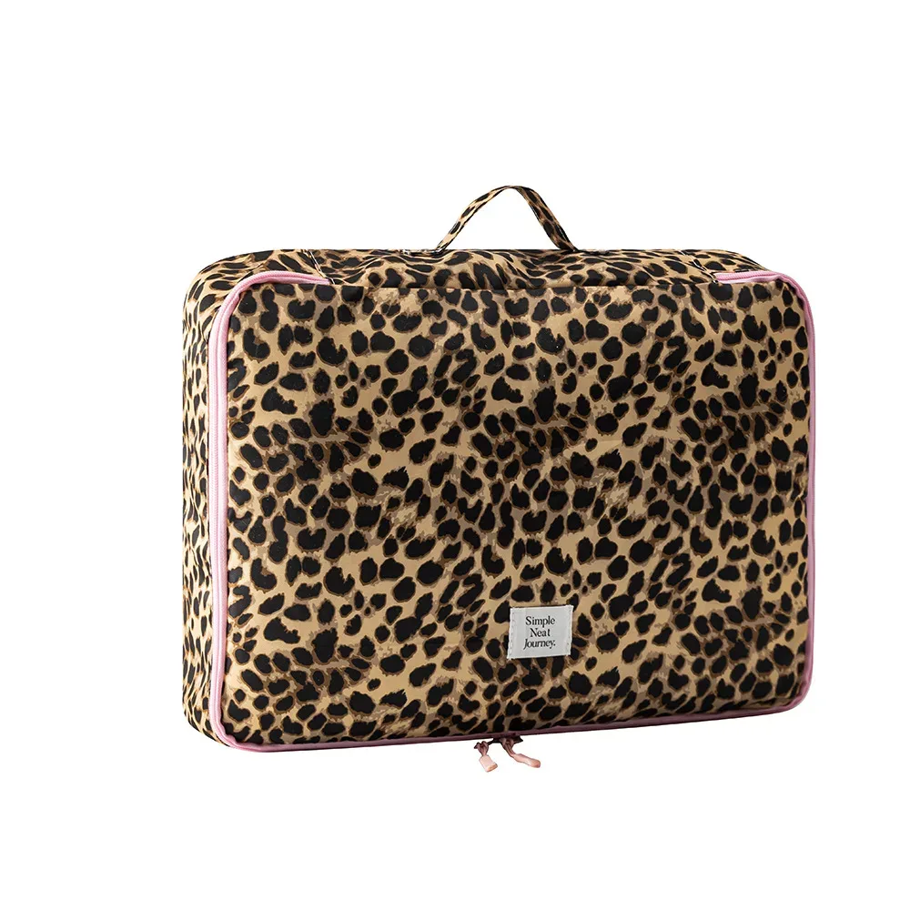 sac de maquillage portable à imprimé léopard mignon, grande capacité, organiseur de cosmétiques de voyage, sac de rangement pour vêtements et articles de toilette pour femmes