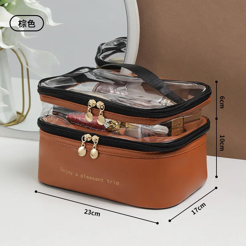 nouveau sac de maquillage double couche en pvc, trousse de toilette à main de grande capacité, sacs de toilette de voyage portables multifonctionnels en vente