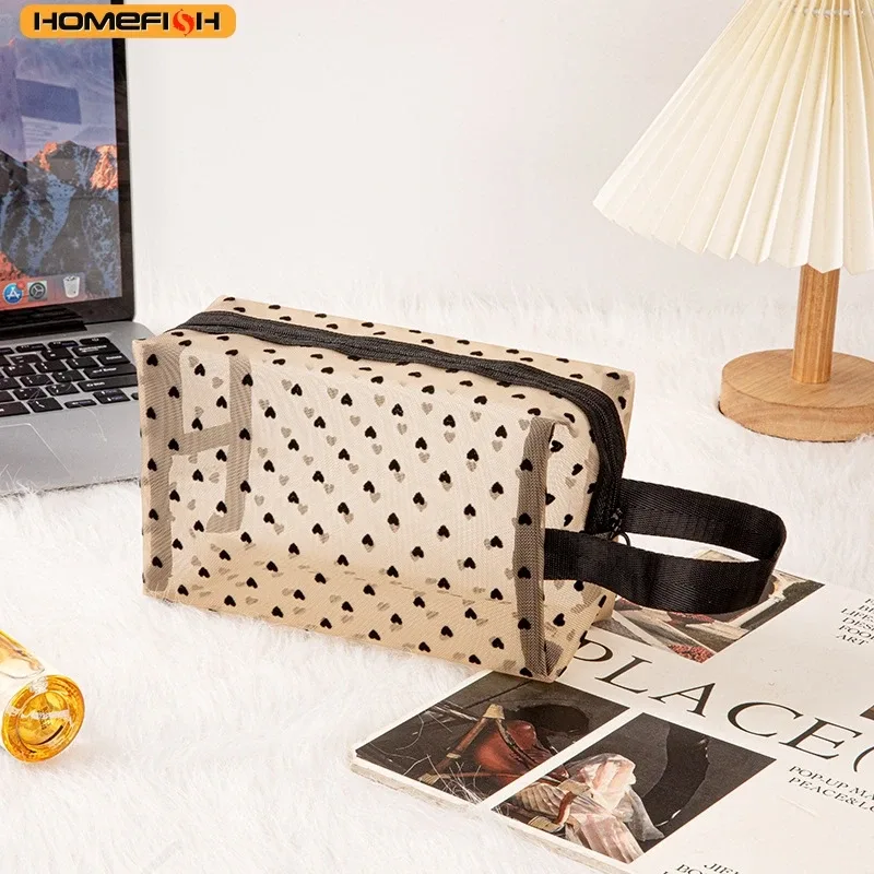 homefish trousse de toilette transparente en maille à motif cœur, pochette de rangement multifonctionnelle portable pour femmes, pour le rangement des rouges à lèvres