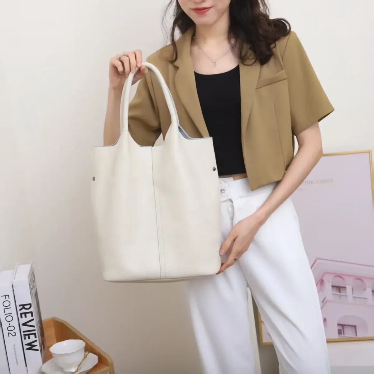 sac à main en cuir véritable pour femmes, fourre-tout de banlieue en cuir de vache souple, fourre-tout à bandoulière, grand sac seau de luxe de styliste