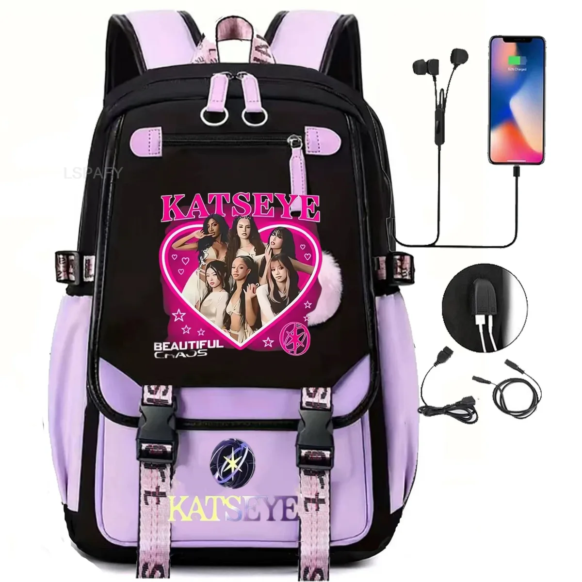 sacs à dos kawaii hot katseye à imprimé amusant, doux et mignons, grande capacité, pour étudiants, sacs d'école, sacs pour ordinateur portable, patchwork, simples, mochilas