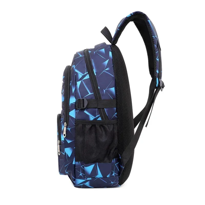 sac dos nylon noir motif géométrique bleu blanc poches lateral zipper usage école voyage
