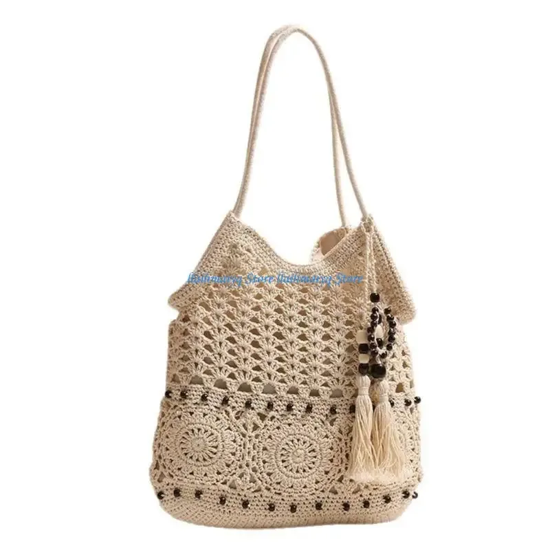 sac voyage polyester coton tricoté beige motifs floraux perles noires bandoulière femme plage activités plein air polyvalent