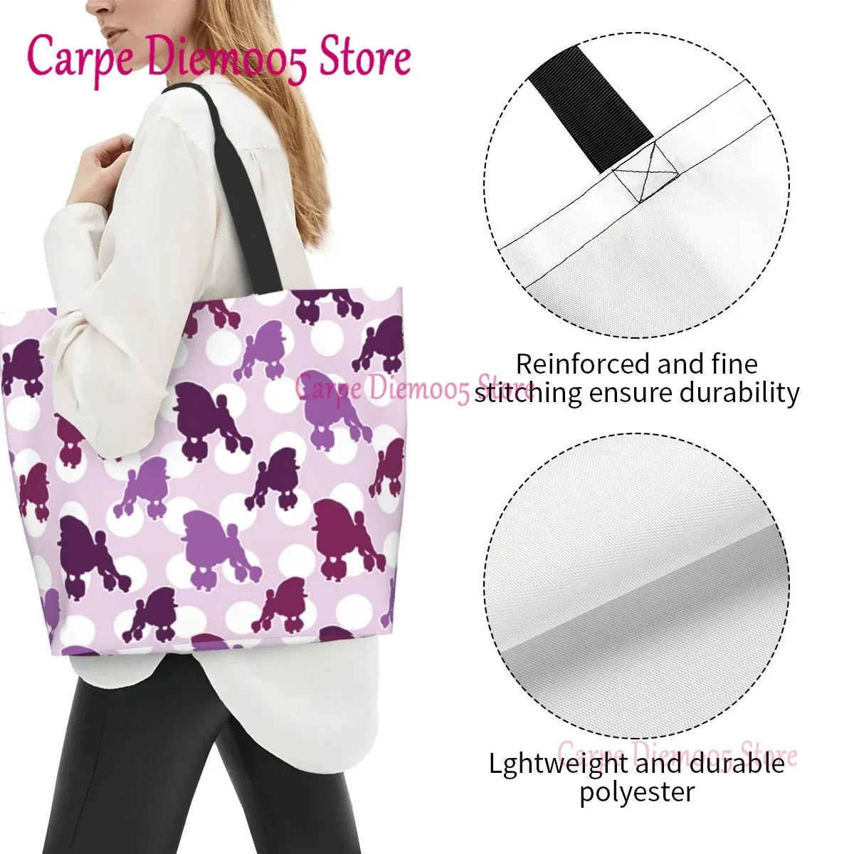 sac fourre-tout grande capacité pour femme, sac à provisions pour femme, sac à pois violets, sac à provisions pour femme
