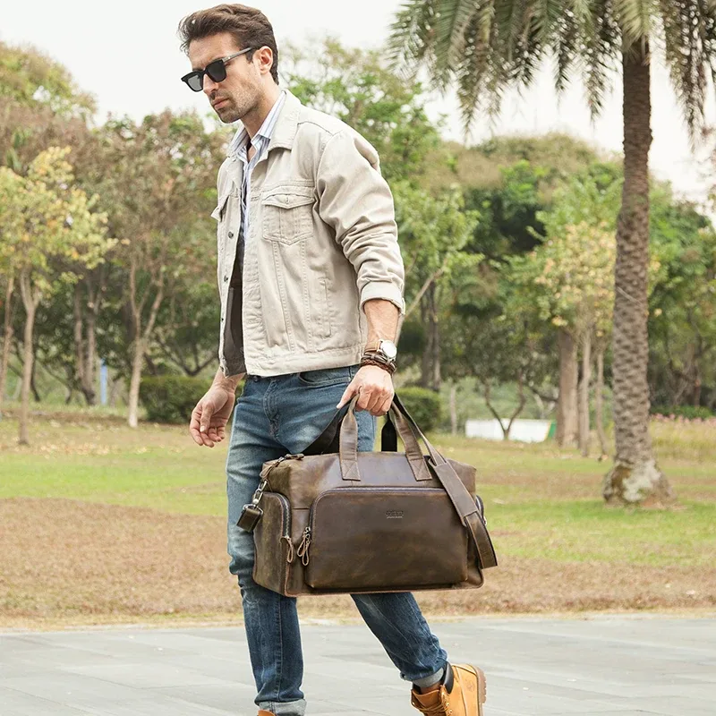contact's – sac de voyage vintage en cuir véritable pour homme, fourre-tout à bandoulière de grande capacité