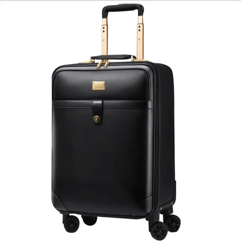 valise carrée cuir marron accents dorés roulettes quatre coins ceinture maintien intérieur marron affaires voyage