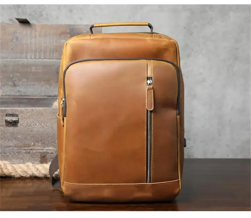 sac à dos vintage en cuir de vache crazy horse pour hommes, sac à dos de luxe de haute qualité en cuir véritable naturel, sac à dos de voyage en plein air pour ordinateur portable, cartable