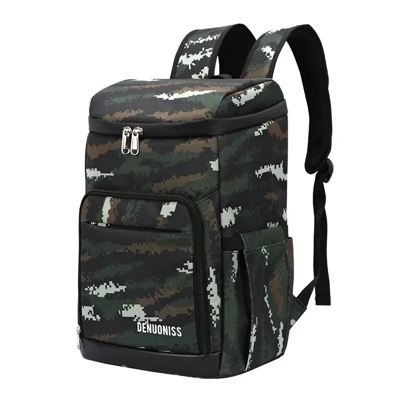 sac dos nylon bleu foncé motif camouflage thermique usage nourriture tissu résistant poche latérale zip fermeture éclair noire