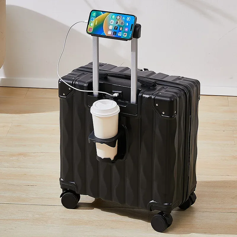 valise 18 "20" mot de passe boîtier de chariot valise cabine de voyage petit bagage avec porte-gobelet usb support pour téléphone valise bagage de voyage